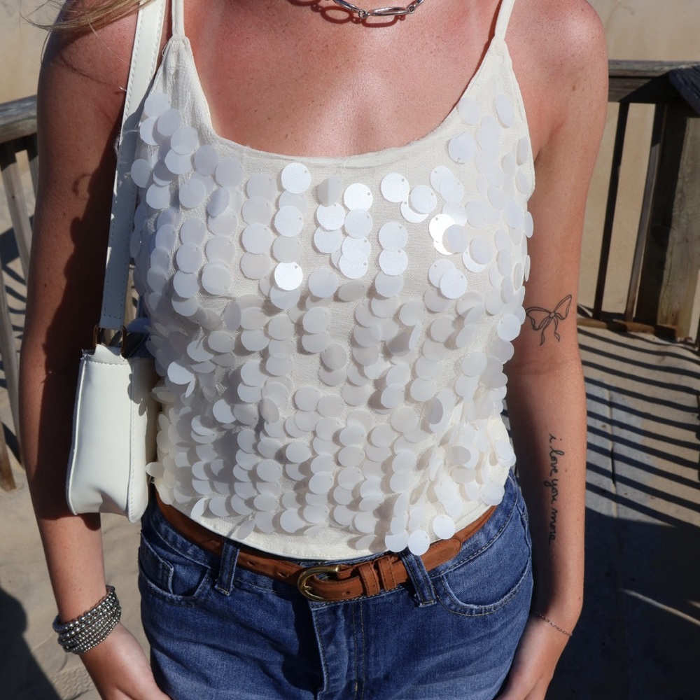 Sequin Embellished Cream Tank Top